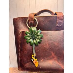 Green Dahlia Purse Charm Genuine Leather Flower Green Bag Charm NEW FAST SHIP